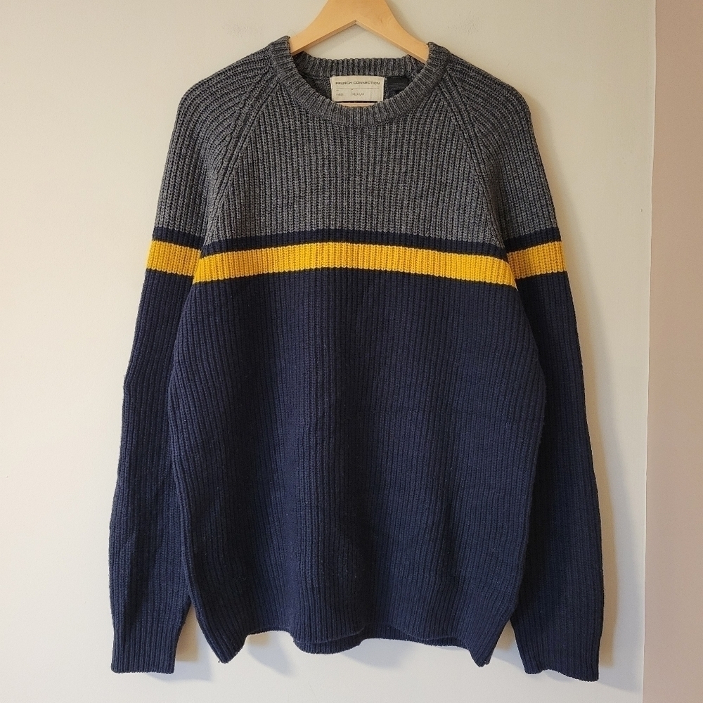 French Connection Men's Wool Blend Chunky Knit Sweater Navy Grey Stripe Size L